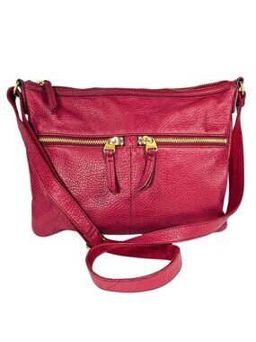 Fossil Red Pebbled Leather Zip Crossbody Purse Moto Adjustable Strap Pockets